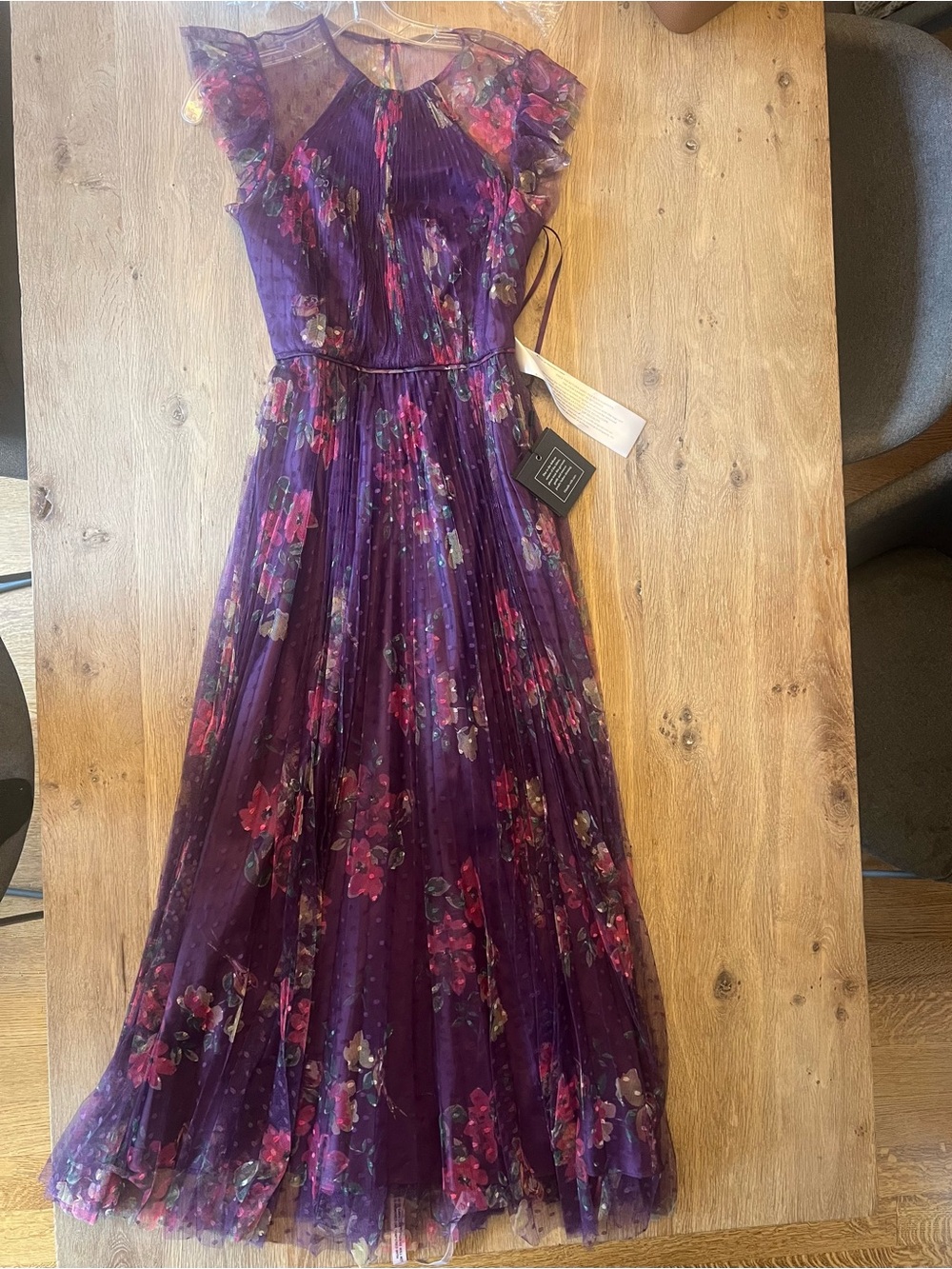 NWT Mac Duggal Ieena Floral Flutter Sleeve Midi Dress Plum S